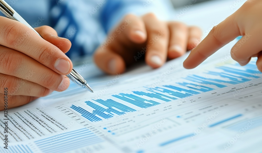 Poster close-up of business professionals analyzing data charts on paper with focused attention and collabo