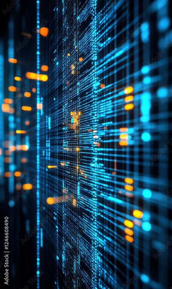 Poster blue and orange data stream flowing on dark background, ideal for tech and digital concepts