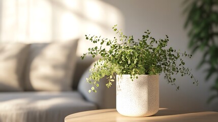 Minimal stylized illustration potted green leafy plant light background bright cozy modern design