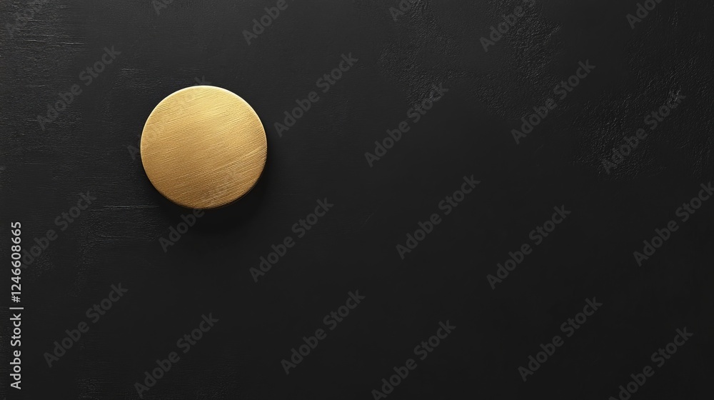 Poster gold circular object on a textured black background highlighting minimalistic elegance and design