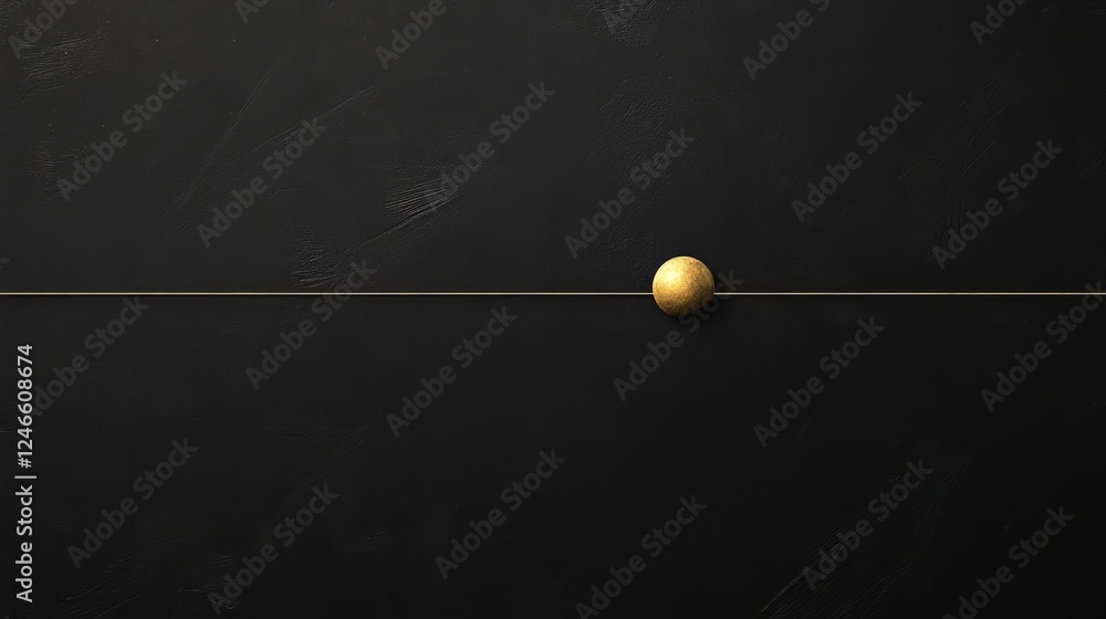 Poster golden sphere balanced on a thin line against a black background creating a striking visual contrast