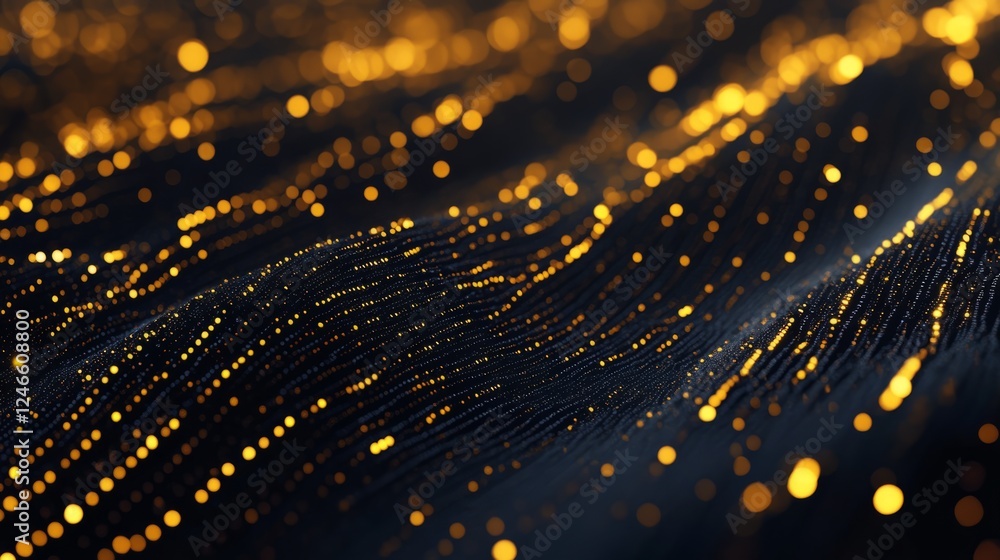Poster intricate patterns of gold particles dance against a black background, creating a mesmerizing visual