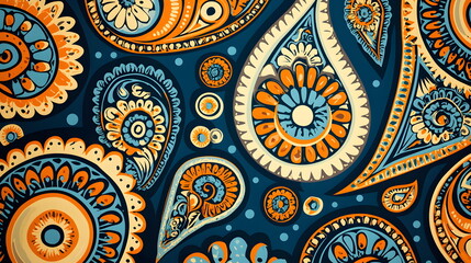 Intricate paisley pattern design with vibrant orange, blue, and cream tones on a dark background.