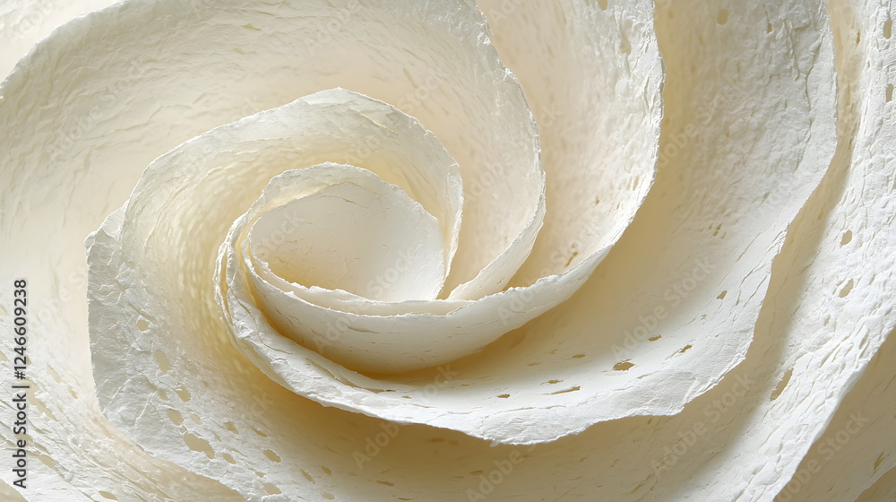 Poster white spiral flower design with intricate layers resembling paper texture in soft lighting