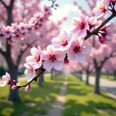 Obraz premium Pink and white blossoms sway gently in spring breeze, petals, blossoms, trees
