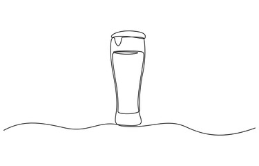 Continuous one line drawing of beer glass with foam. One line drawing illustration of alcoholic drink, Continuous one line drawing of beer in a glass, outline style vector illustration.