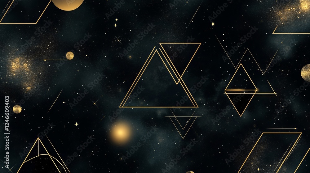 Poster geometric patterns on a black and gold cosmic background create a visually stunning abstract design