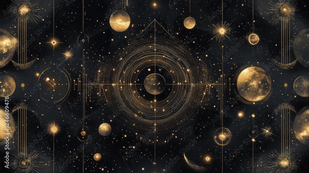 Poster mystical cosmic design featuring gold celestial elements on a black background with intricate patter