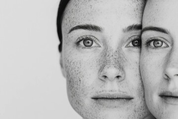Close up portrait of two women with freckles, showcasing natural beauty and strong emotions in a black and white aesthetic © VICHIZH