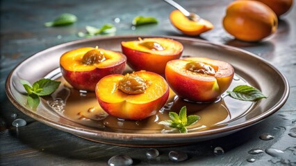 Peach halves are dripping with juice on a platter in a elegant dinner background, elegant, fruit