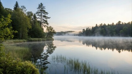 Peaceful morning mist rises over a tranquil lake, creating a soft white fog on the calm water's surface, stillness, fog