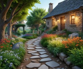 Obraz premium Peaceful garden pathway with a rustic stone house, building, flowers