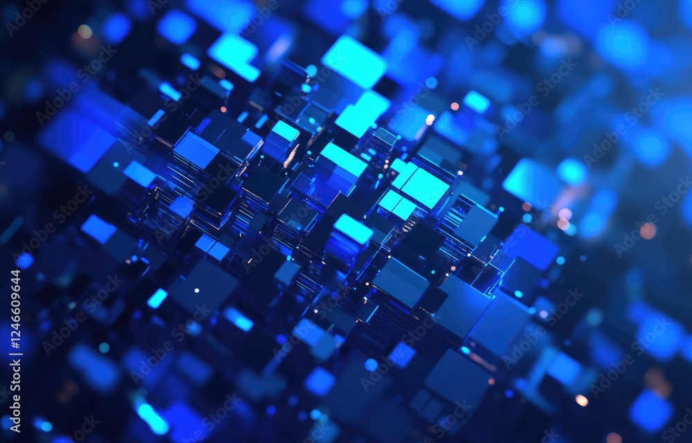 Aufkleber A futuristic abstract design featuring glowing blue cubes in a high-tech 3D layout, creating a sense of digital complexity and innovation. Ideal for technology, AI, and data themes