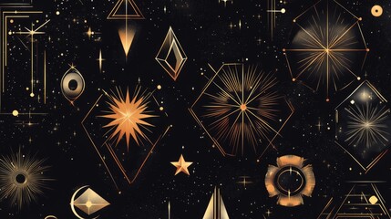 Elegant black and gold abstract design featuring geometric shapes and celestial motifs in a cosmic arrangement