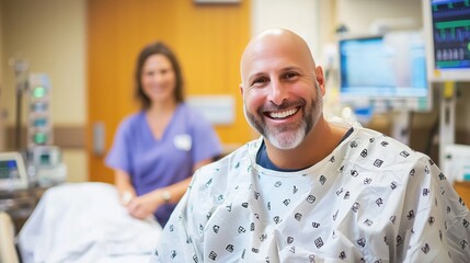 Obraz premium Cancer Patient, Smiling Patient in Hospital Gown with Nurse in Background in Modern Healthcare.