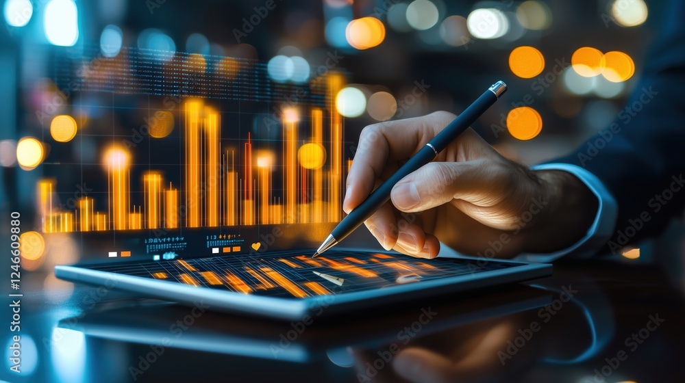 Poster business professional analyzing financial data on digital tablet with bright bokeh background in mod