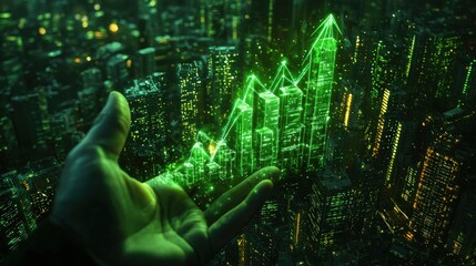 Virtual Hand Holding Cryptocurrency Growth Graph Over Cityscape in Green Neon Lights