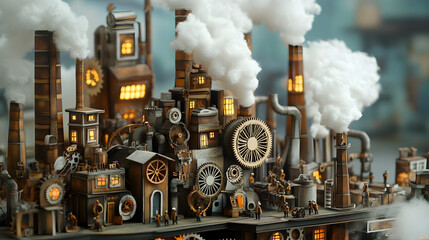 paper steampunk factory with smoke rising from chimneys and tiny workers operating giant gears 