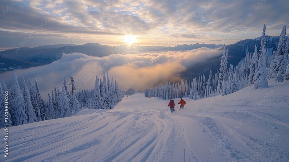 Poster two skiers navigate a powdery slope with pristine snow, while a colorful sunset illuminates the clou