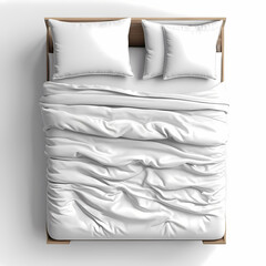 White bed mock up, top view isolated, 3d rendering. Empty blanket and pillows mockup 
