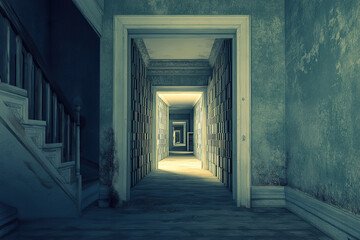 Obraz premium Unique house structure featuring numerous doors leading into an unseen void in a highly detailed setting