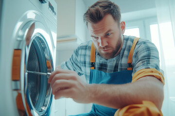 Man in uniform repairing washing machine
