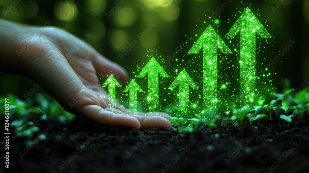 Poster hand holding virtual graph of growth in artificial intelligence technology with green arrows over a 