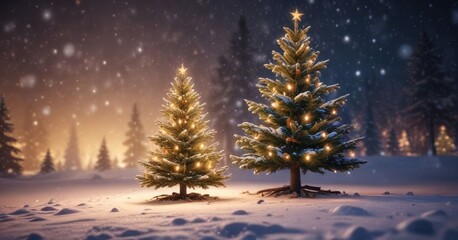 Softly glowing Christmas tree lights scattered across a snowy background, illuminates, radiant, serene