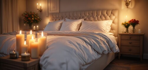 Softly glowing candles illuminate a serene bedroom ambiance, casting warm light on plush bedding and delicate furnishings, evening atmosphere, candles, intimate atmosphere