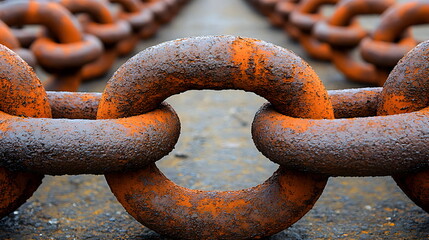 Rusty chain links lying on a surface highlighting texture and wear in natural light