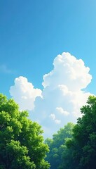 Obraz premium Soft fluffy clouds drift lazily across the blue sky above treetops, blue, trees