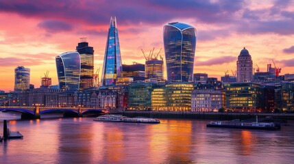 Fototapeta premium Vibrant Sunset over London Skyline with Modern Architecture and River