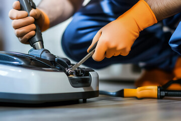 Professional technician fixing a vacuum cleaner