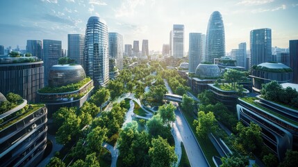 Obraz premium A futuristic smart city presentation highlighting renewable energy and sustainable living models.