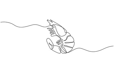 Obraz premium One continuous line drawing of fresh shrimp for seafood logo identity, Continuous one line drawing of shrimp. Isolated on white background vector illustration, Pro vector.