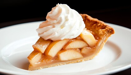 A luscious swirl of whipped cream elegantly topped on a slice of warm apple pie, creating the perfect dessert pairing.