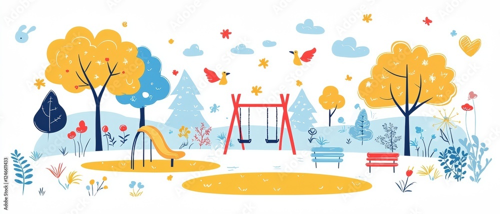 Aufkleber cute cartoon playground illustration with swing set and colorful trees in vector style for whimsical