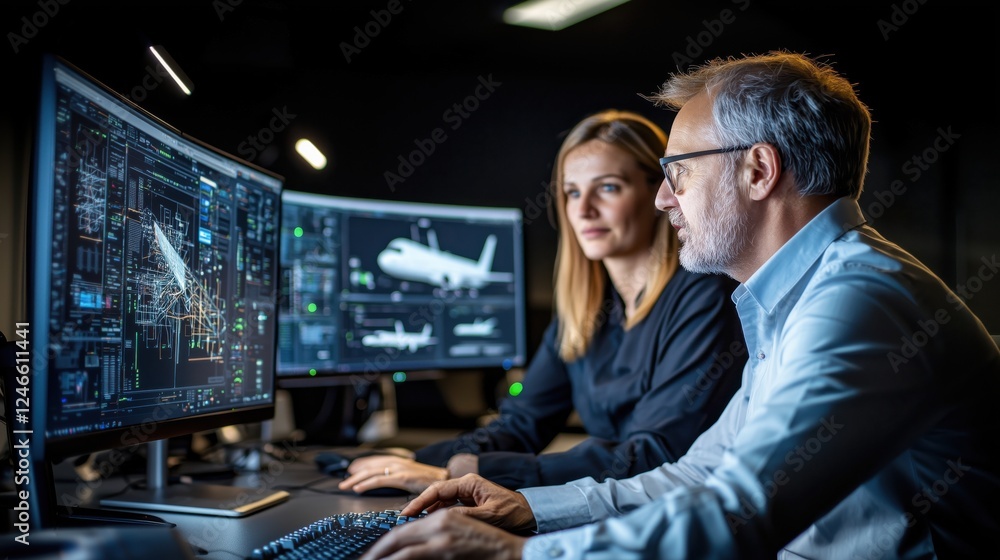 Poster professional team analyzing technical data on dual computer monitors in a dark office environment, s