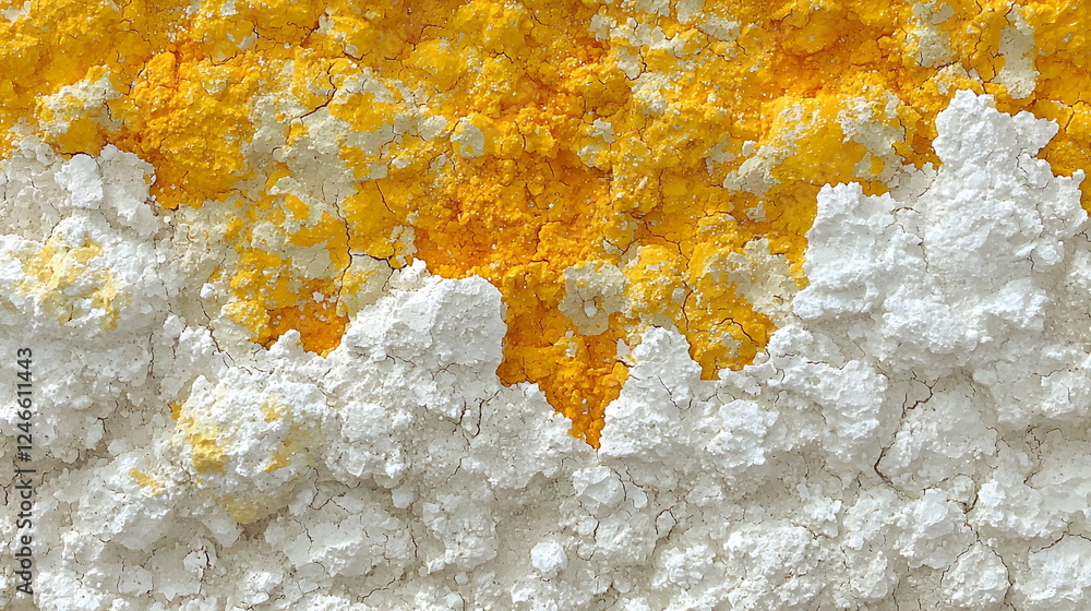 Poster bright yellow and white textured surface with cracks and vibrant colors contrasting in a unique patt