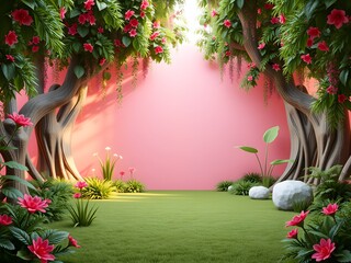 Fototapeta premium 3D rendering of a vibrant garden filled with blooming pink flowers, creating a lush and colorful landscape