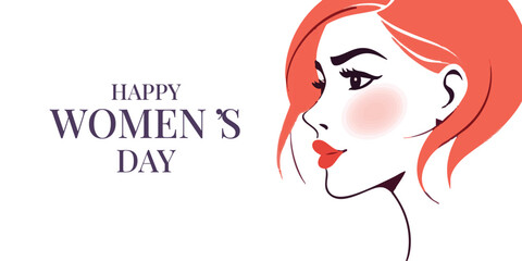 Happy women's day greeting or wishes card social media banner or poster design with woman side face vector illustration silhouette, women's rights, equality, girls, template, horizontal, celebration