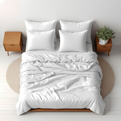 Obraz premium White bed mock up, top view isolated, 3d rendering. Empty blanket and pillows mockup 