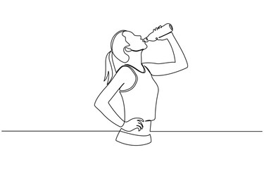 Continuous one line drawing of woman drinking water from the bottle, woman drinking water from bottle continuous one line drawing after sport exercise.