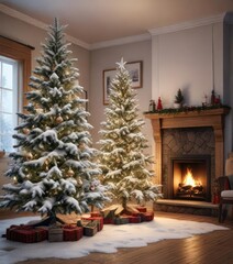 Snow-covered tree with a Christmas tree in front of it near the fireplace, Christmas tree, fire pit