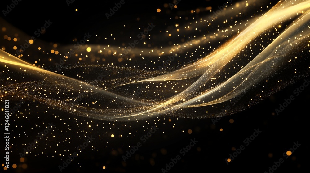 Poster magical golden and black background with shimmering particles creating a captivating visual effect