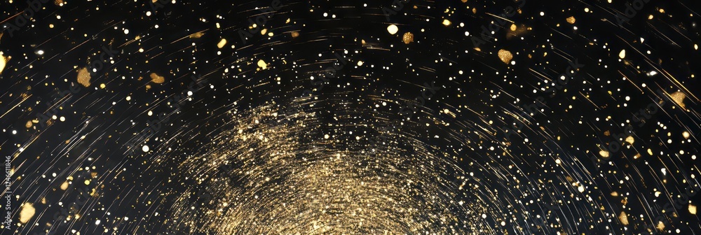 Poster swirling gold particles create dazzling patterns against a dark background in a mesmerizing display 