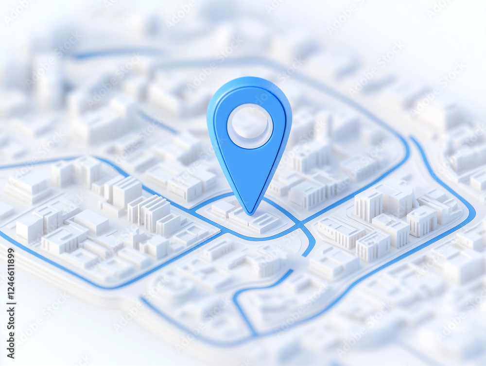 Poster map pin location marker on a detailed map showing streets and buildings in a 3d view with a soft bac