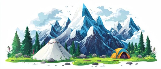 Cute Cartoon Vector Illustration of a Mountain Landscape with Tents and Trees for Outdoor Adventure Themes
