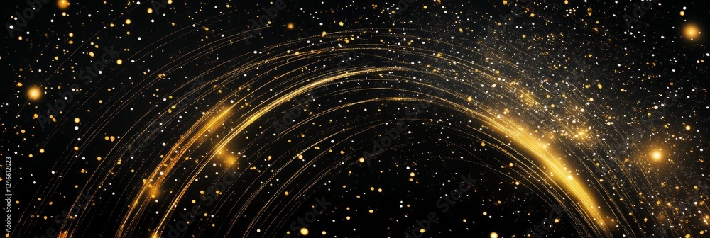 Poster intricate patterns of golden particles swirling against a black background create a mesmerizing cosm