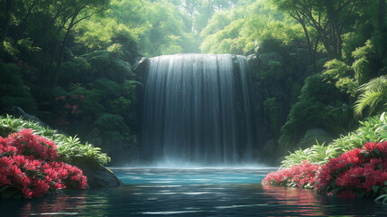 Serene Waterfall Surrounded by Lush Greenery and Blooming Flowers